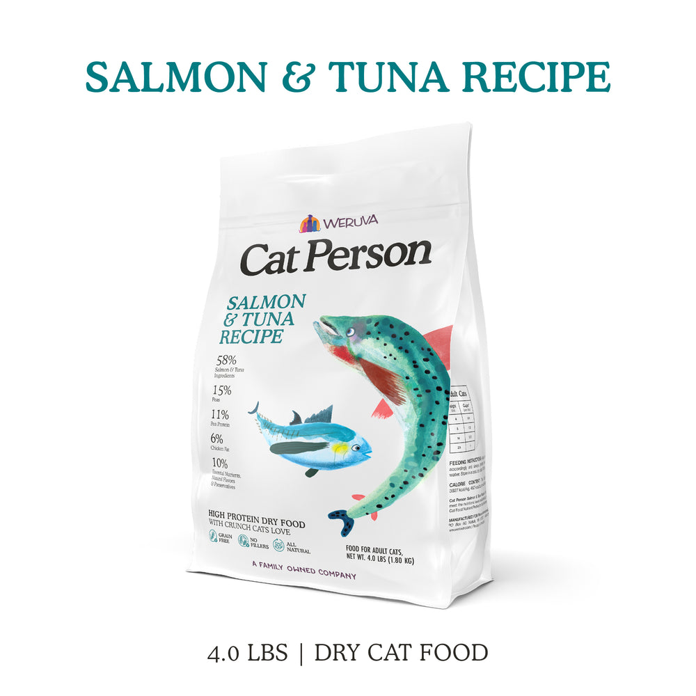 A 4 lb white bag of Cat Person Salmon & Tuna Dry Food features salmon and tuna illustrations and highlights its high protein, grain-free recipe for healthy cats.