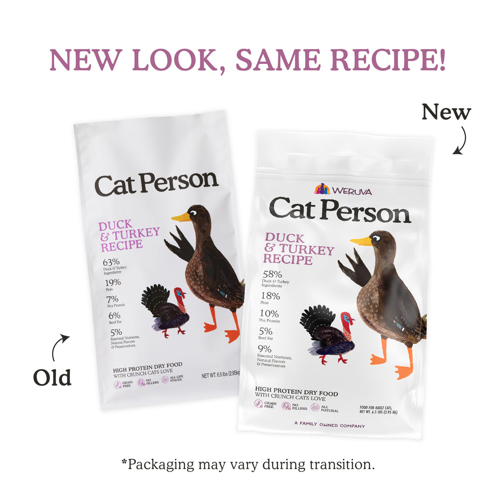 Two bags of Cat Person Duck & Turkey Dry Food are shown side by side. The old bag is on the left and the new bag is on the right, both featuring illustrations of a duck and a turkey.