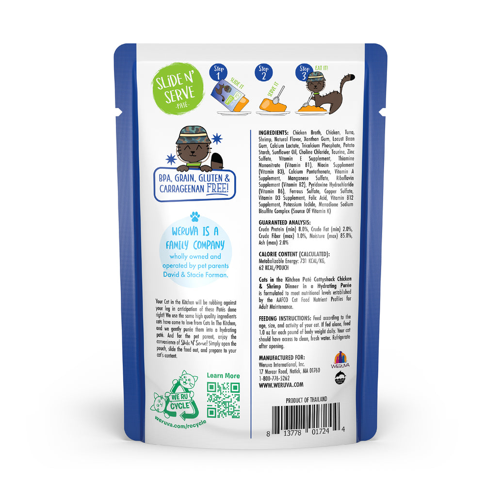 Back of a Cats in the Kitchen Cattyshack pouch with ingredients, nutrition facts, feeding tips, and black cat art. Features: BPA-free, grain-free, gluten-free, carrageenan-free—now with cage-free chicken and shrimp paté.
