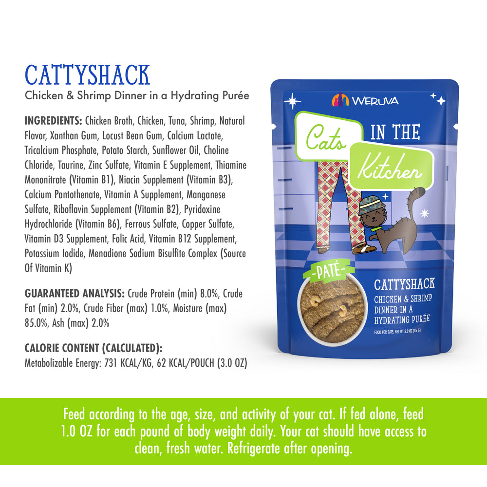 A package labeled Cats in the Kitchen Cattyshack shows Chicken & Shrimp Dinner in a Purée with cage-free chicken, shrimp paté, nutrition details, feeding guidelines, ingredients, and a cartoon cat on a white and green background.
