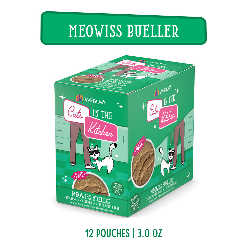 A green box of Cats in the Kitchen Meowiss Bueller cat food with a cartoon cat, two human legs, and cat paté. Contains 12 x 3 oz pouches of grass-fed lamb & cage-free chicken.