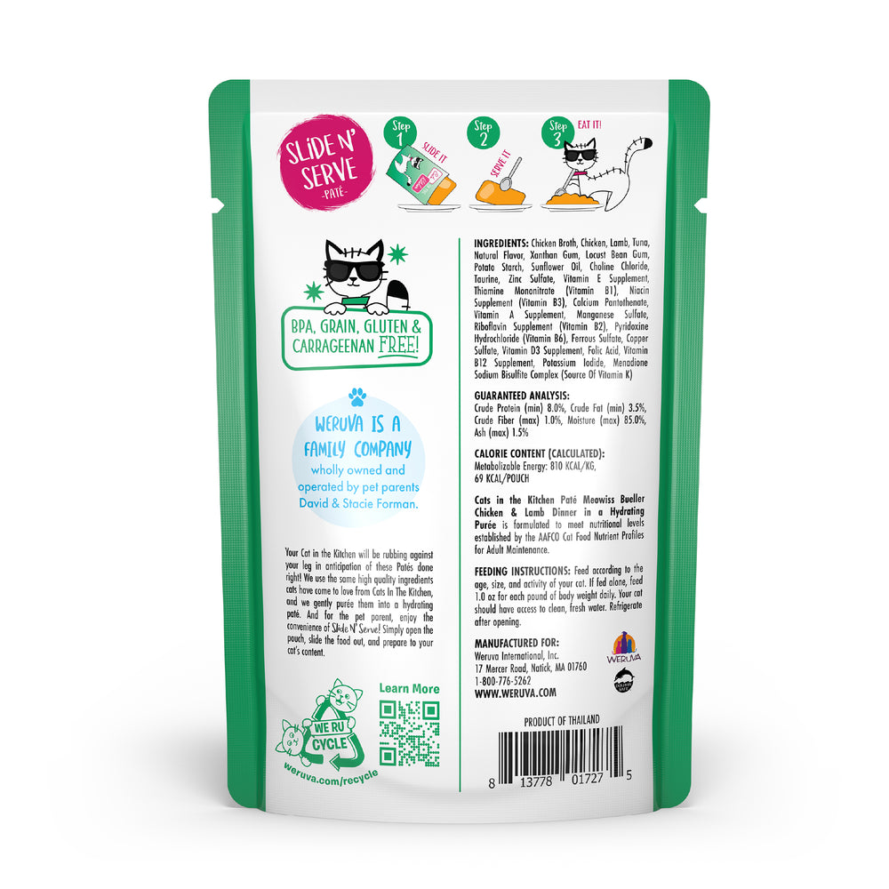 Back of a Cats in the Kitchen Meowiss Bueller cat food pouch shows cage-free chicken ingredients, nutrition info, a cartoon cat, feeding and recycling icons, family-owned note, and highlights “BPA, grain, gluten & carrageenan free.”.