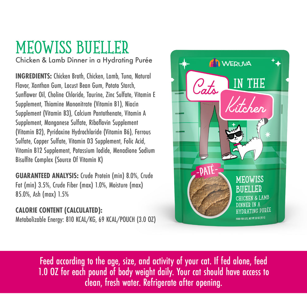 A pouch of Cats in the Kitchen Meowiss Bueller cat food is shown, featuring cage-free chicken, paté ingredients, guaranteed analysis, calorie content, feeding instructions, and a cartoon sunglasses-wearing cat on the front.