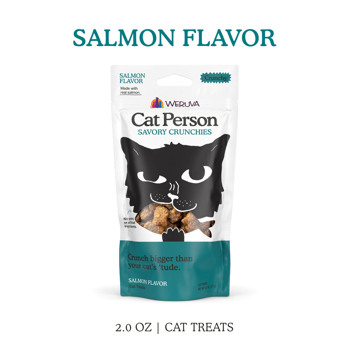 A 2.0 oz bag of Cat Person Salmon Savory Crunchies low calorie cat treats. The white and teal packaging features a black cat illustration with treats in its mouth.