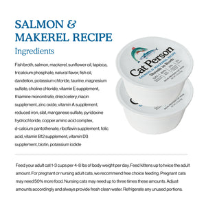 Two stacked containers of Cat Person Salmon & Mackerel Shreds in Broth. Text beside them details ingredients and feeding instructions for adult, pregnant, and nursing cats. Made with high-quality salmon for balanced nutrition.