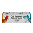 A rectangular box of Cat Person Chicken and Tuna Shreds in Broth features chicken and fish art and contains 8 easy-open cups—4 chicken, 4 tuna—offering high-protein, balanced nutrition cat food.
