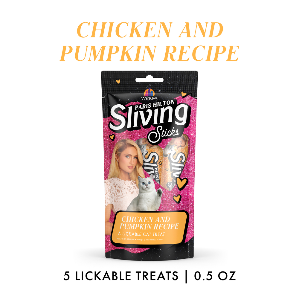 A package of Weruva Lickable Chicken & Pumpkin Cat Treats, featuring a hydrating, lickable formula for cats and labeled 5 Lickable Treats | 0.5 oz on the front.
