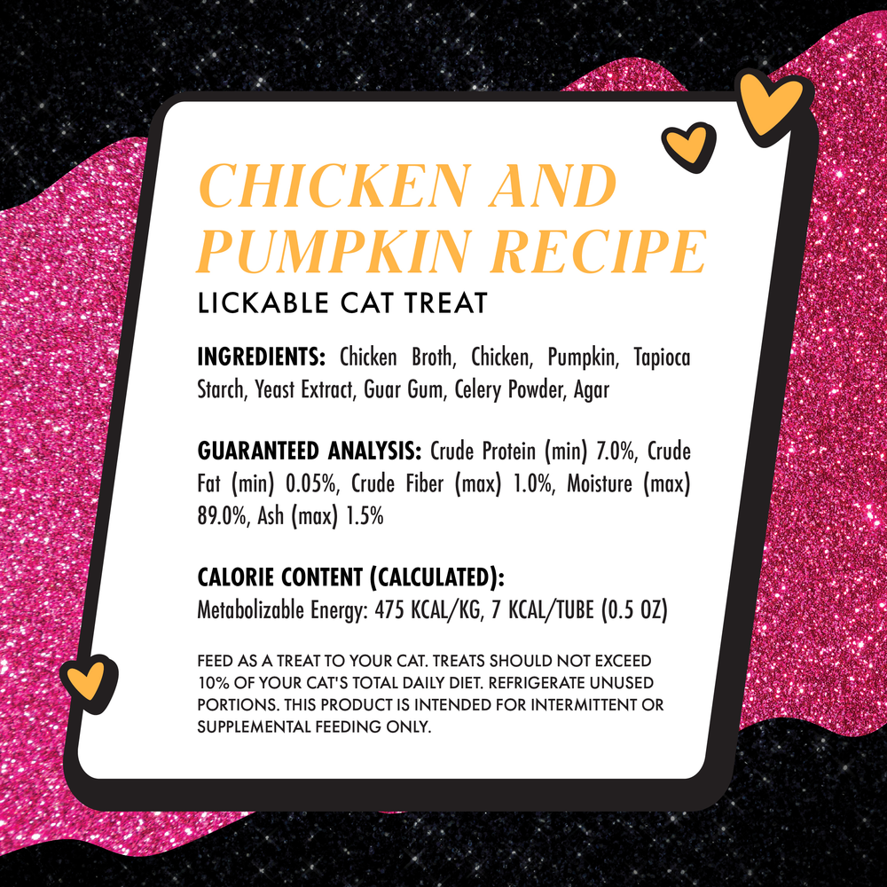 A label for Weruva Lickable Chicken & Pumpkin Cat Treat displays ingredients, nutrition facts, calories, and feeding directions on a pink glittery background with heart icons.