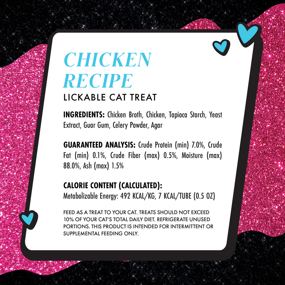 Weruva’s Lickable Chicken Cat Treat is a hydrating, refined-flavor snack for cats. The white box shows ingredients, nutrition, and calories in blue and black text with heart doodles on a pink glittery background.