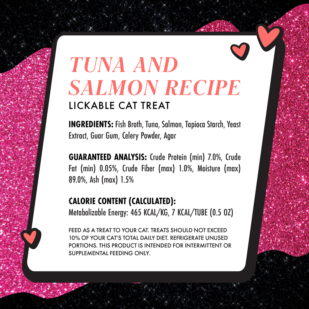 The Weruva Lickable Tuna & Salmon Cat Treat label features ingredients, guaranteed analysis, calorie content, and feeding guidelines. Its sparkly pink heart design highlights this hydrating snack for cats.