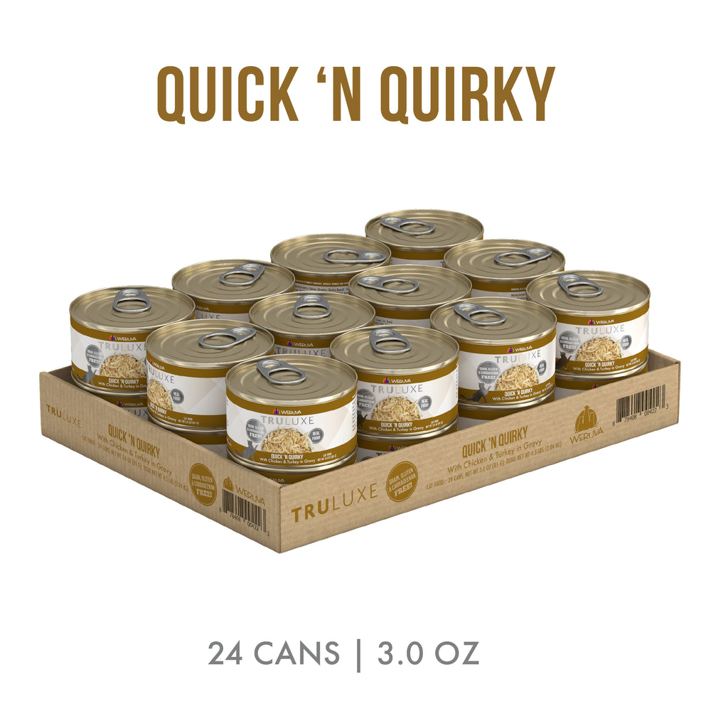 A tray of 24 TruLuxe Quick 'N Quirky cat food cans, each 3.0 oz with a gold lid and white label. Features cage-free turkey and boneless chicken. Top text: “QUICK ‘N QUIRKY”; bottom text: “24 CANS | 3.0 OZ”.