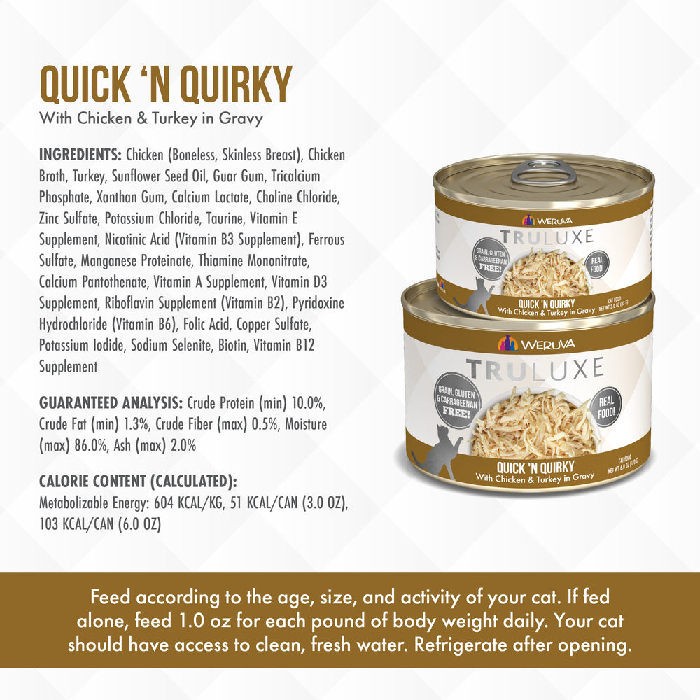 Two cans of TruLuxe Quick 'N Quirky cat food are shown, featuring boneless chicken and cage-free turkey, with nutrition facts and feeding instructions displayed below.