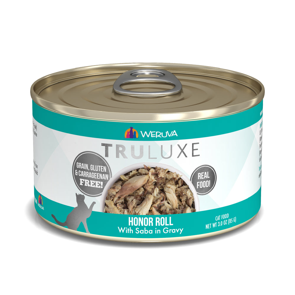 A 3 oz (85 g) can of TruLuxe Honor Roll cat food, featuring wild-caught saba in gravy. This Japanese mackerel recipe is grain, gluten, and carrageenan free, made with real food.