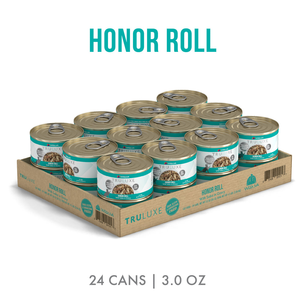 A cardboard tray contains 24 cans of TruLuxe Honor Roll cat food (3.0 oz each) with teal and white labels, silver lids, "Honor Roll" above, and "24 cans | 3.0 oz" below.
