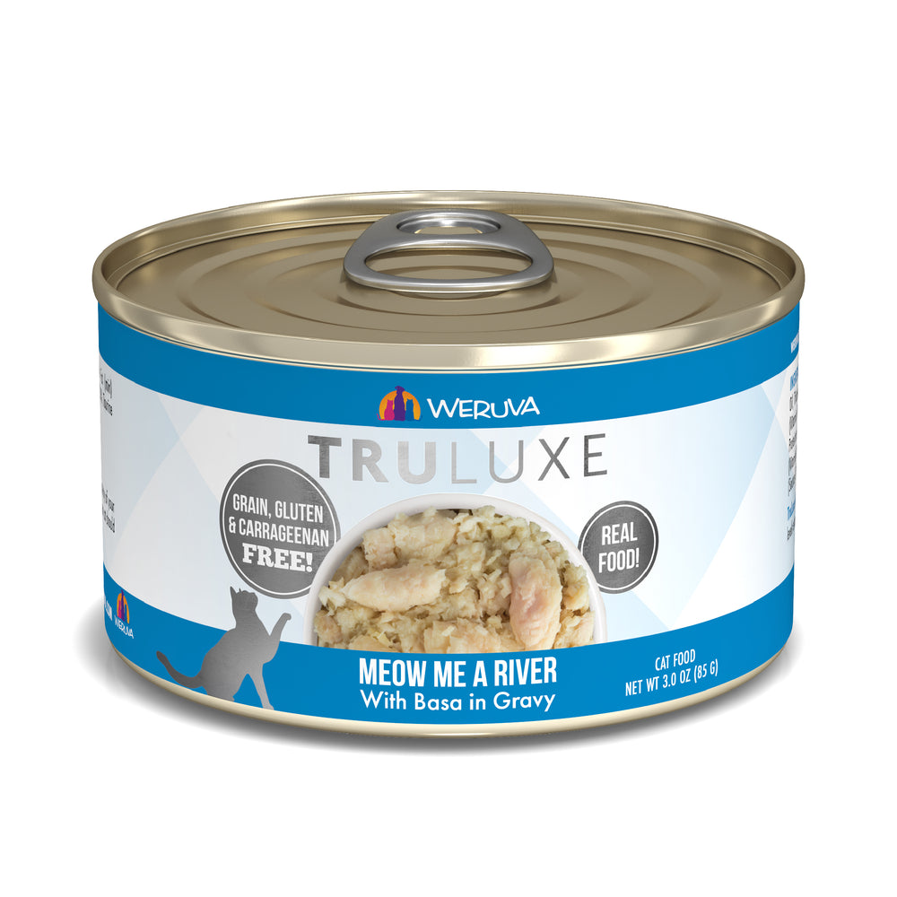 A 3oz can of TruLuxe Meow Me a River cat food, featuring basa in gravy. Grain-free, gluten-free, and carrageenan-free, with a blue and white label for refined nutrition.
