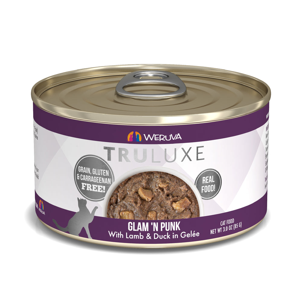 A 3 oz (85g) can of TruLuxe Glam 'N Punk cat food with New Zealand grass-fed lamb and cage-free duck in gelée. Label notes: grain, gluten & carrageenan free, plus real food!.