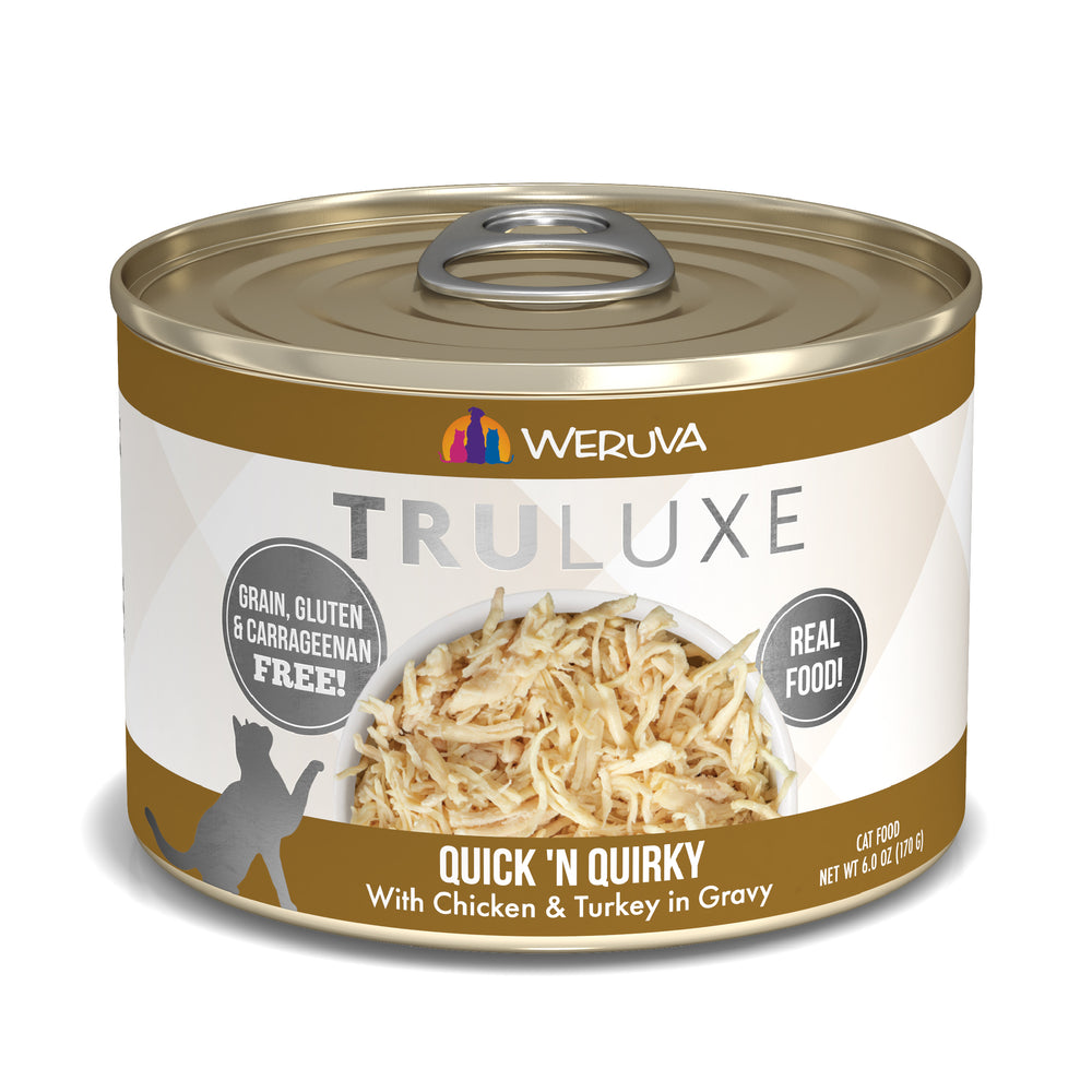 A can of TruLuxe Quick 'N Quirky cat food offers boneless chicken and cage-free turkey in gravy. The label highlights “Grain, Gluten & Carrageenan Free,” “Real Food!” and features shredded meat for refined nutrition.