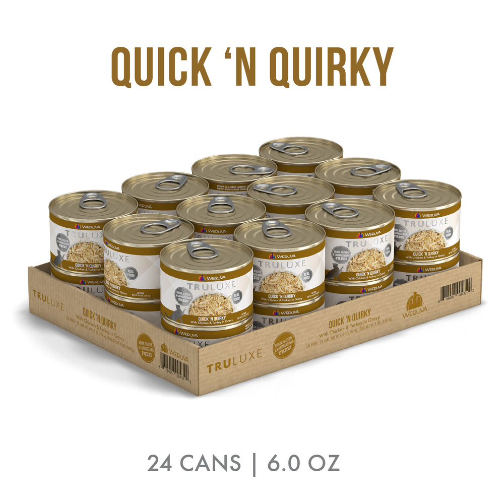 A tray of 24 TruLuxe Quick 'N Quirky 6.0 oz cans, each with a gold lid and beige label, offers refined nutrition for your cat with cage-free turkey and boneless chicken.