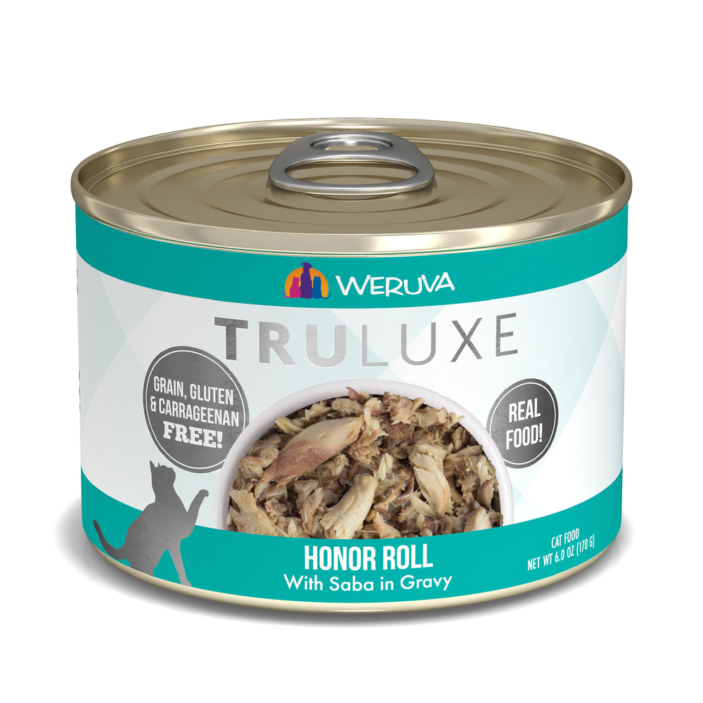 A can of TruLuxe Honor Roll cat food with wild-caught saba in gravy. Grain, gluten, and carrageenan free, made with real food, and featuring a cutout that displays the Japanese mackerel inside.