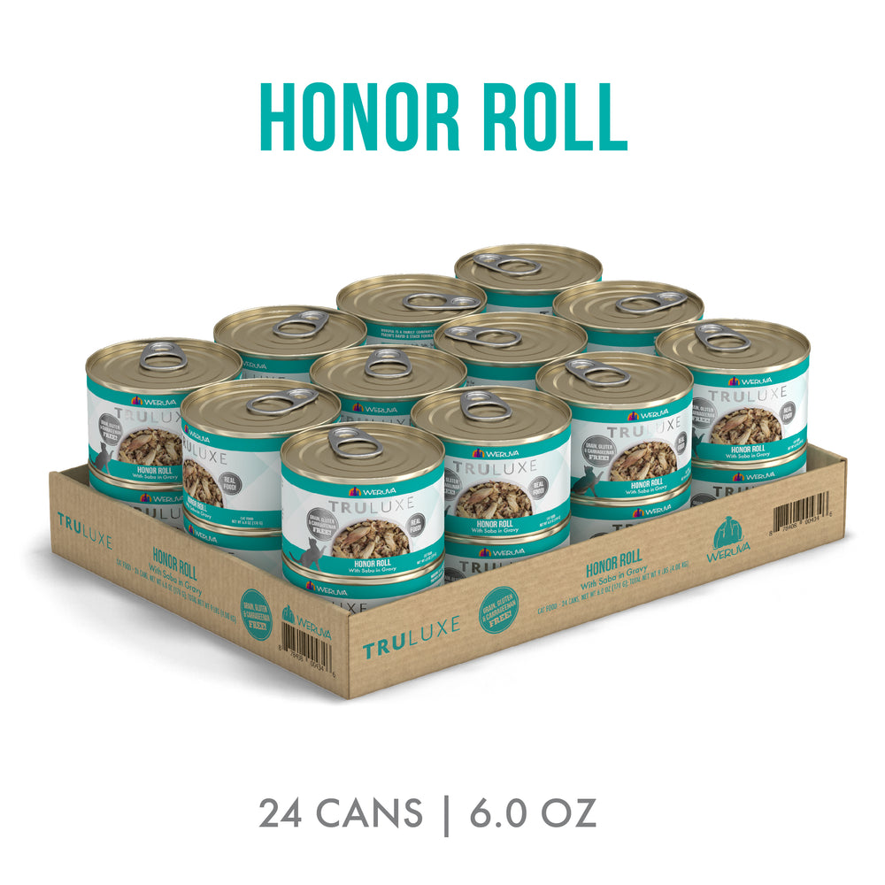 A cardboard tray holds 24 cans of TruLuxe Honor Roll cat food. Each 6-oz can features wild-caught saba mackerel, with "Honor Roll" in teal text above the cans.
