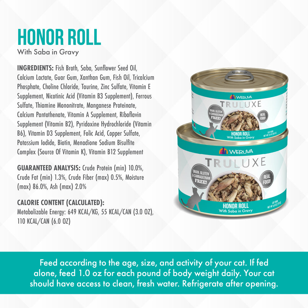 TruLuxe’s Honor Roll is a premium canned cat food made with wild-caught saba and Japanese mackerel—perfect for pampering your feline.
