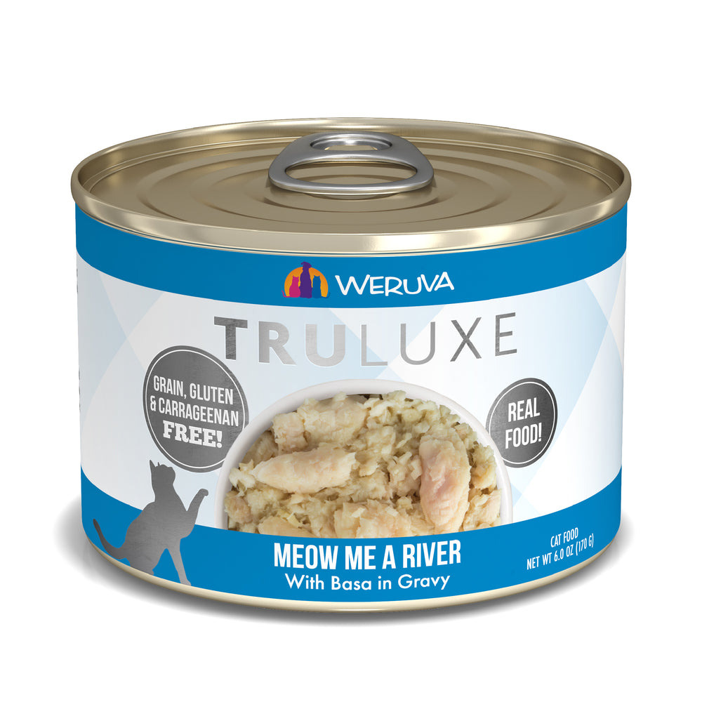 A 6 oz can of TruLuxe Meow Me a River cat food with basa in gravy, labeled "grain, gluten & carrageenan free" and "real food," provides refined nutrition for your cat.