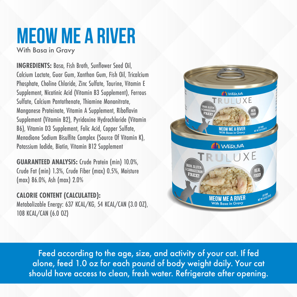 Two cans of TruLuxe Meow Me a River cat food are displayed, featuring refined nutrition details, key ingredients, calories, feeding guidelines, and nutritional info on a clear blue and white label.