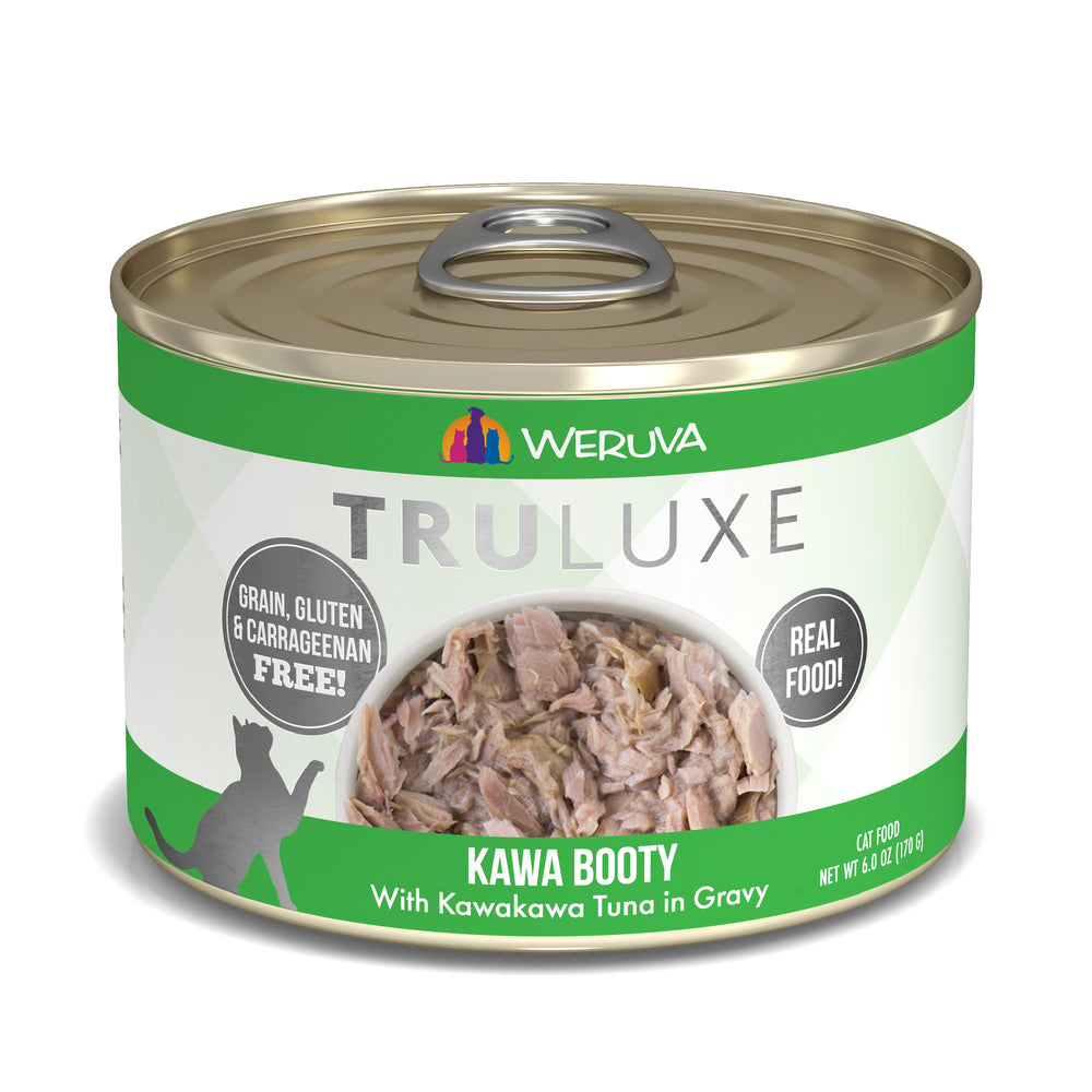 A can of TruLuxe Kawa Booty cat food with wild-caught kawakawa tuna in gravy, grain-, gluten-, and carrageenan-free. Green and white label features cat and fish images, emphasizing its premium nutrition.