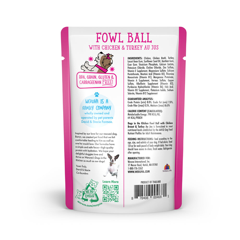 Back view of a Dogs in the Kitchen Fowl Ball cat food pouch showing product info, cage-free chicken ingredients, guaranteed analysis, feeding instructions, barcode, and company details on a white background with pink accents.