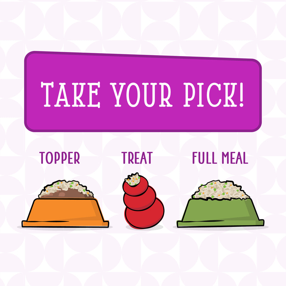 Illustration with the text Take Your Pick! above three premium dog food options—Topper, Treat, and Full Meal—featuring Dogs in the Kitchen Love Me Tender, a protein-rich dog food, shown in bowls or treat toys on a patterned background.