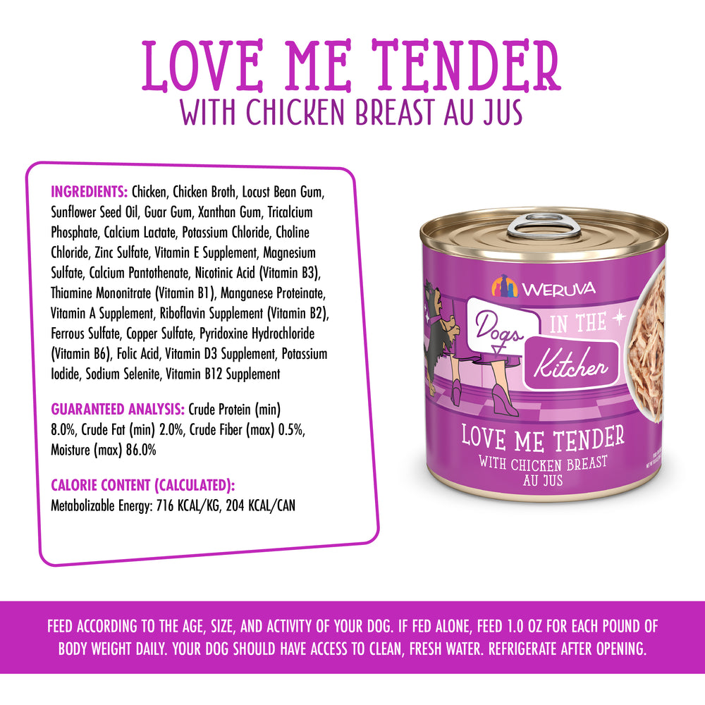 A can of Dogs in the Kitchen Love Me Tender dog food with ingredient and nutrition info, feeding directions, and a purple design featuring a dog illustration is displayed.