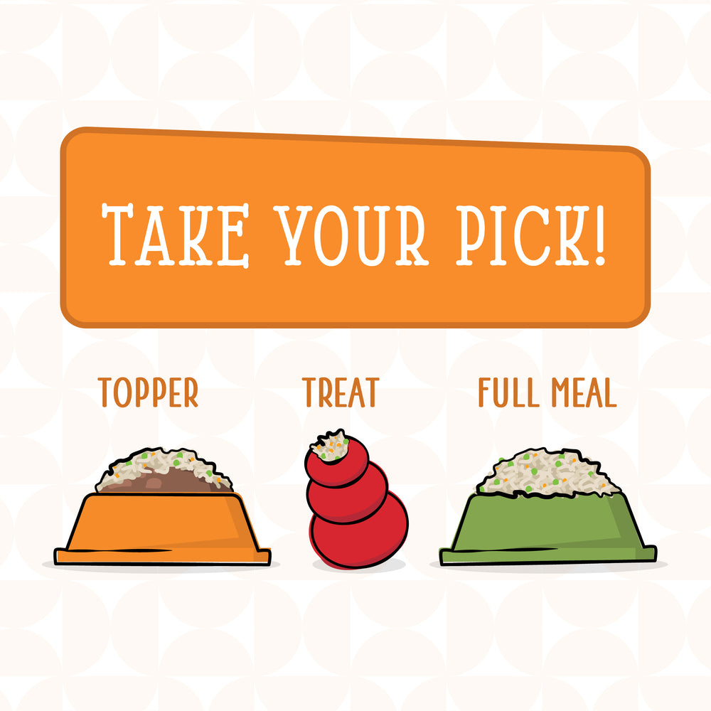 Illustration with the text TAKE YOUR PICK! above three Dogs in the Kitchen Goldie Lox protein-rich dog food options—Topper, Treat (in a red toy), and Full Meal—each shown with wild-caught salmon and cage-free chicken.