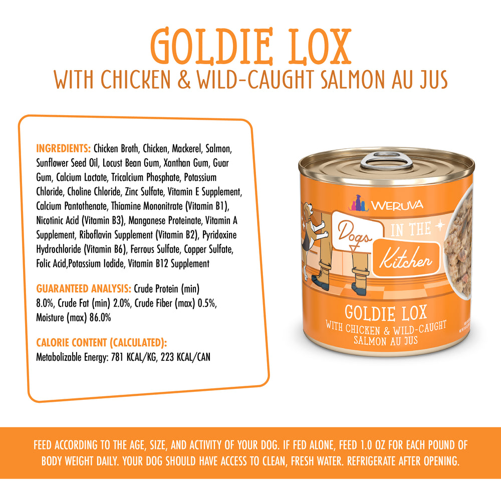 A can of Dogs in the Kitchen Goldie Lox dog food is shown, featuring cage-free chicken and wild-caught salmon au jus. The label lists ingredients, calorie content, feeding guidelines, and highlights its high protein content.