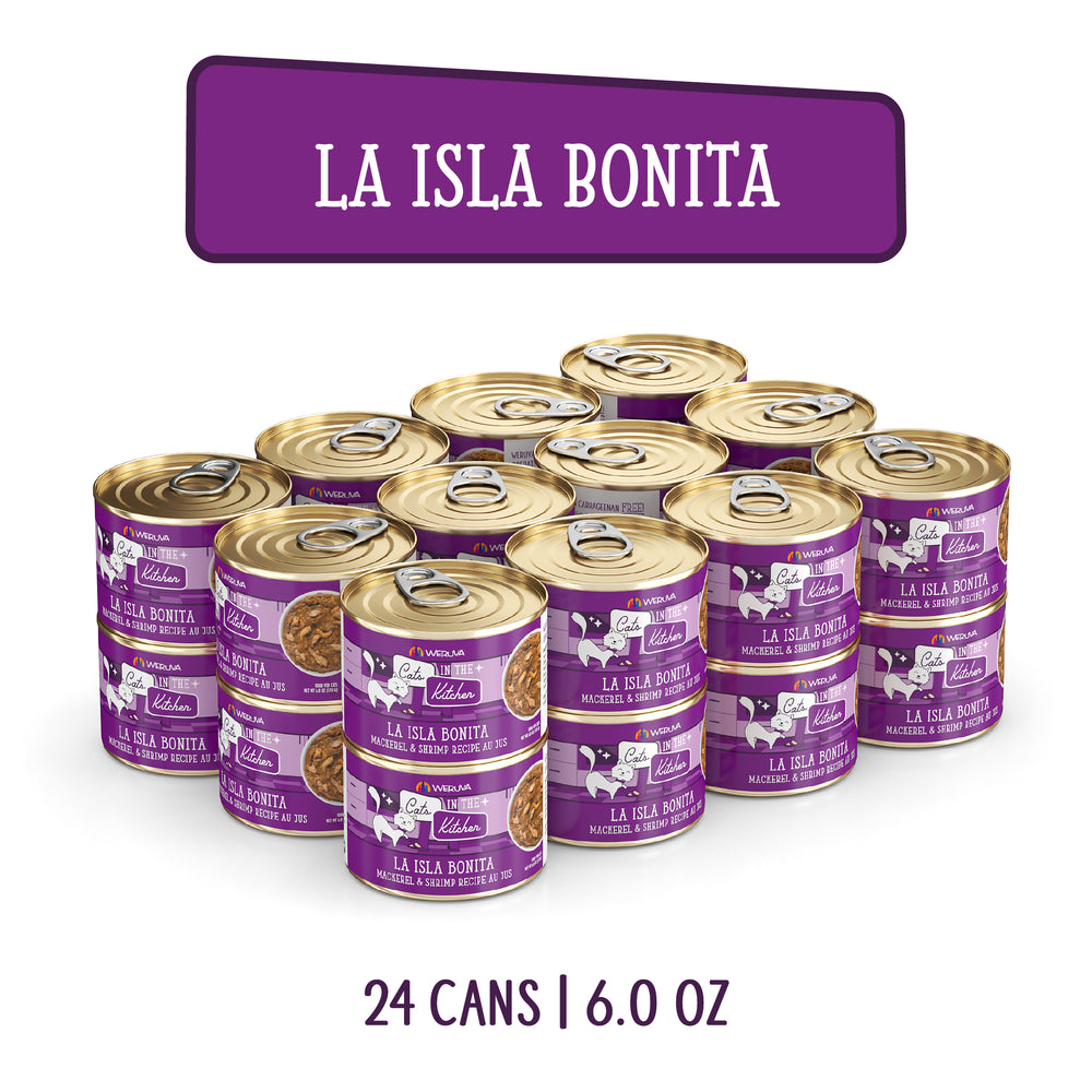 Twelve cans of Cats in the Kitchen La Isla Bonita mackerel cat food in brine are arranged in rows. The vibrant purple and gold labels stand out. Text above reads La Isla Bonita, and below it says 24 cans | 6.0 oz—ideal for seafood-loving cats!.