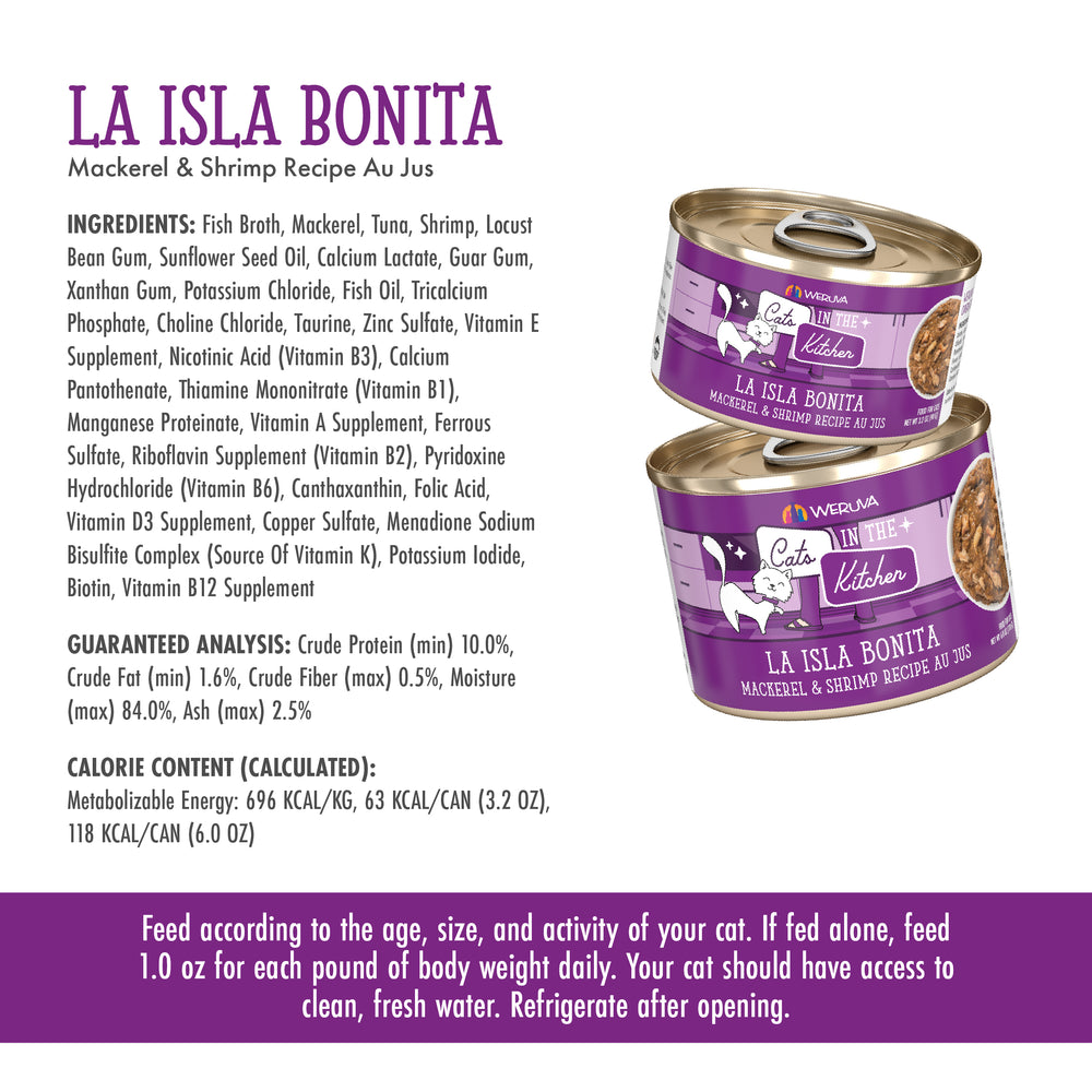 Two cans of Cats in the Kitchen’s La Isla Bonita mackerel & shrimp cat food are shown, with ingredients, nutrition facts, guaranteed analysis, and feeding guidelines for this high-protein formula on a white and purple background.