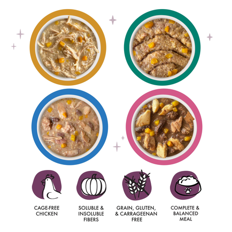Weruva Timeless Tails Variety Pack features four bowls of wet cat food with visible meat and veggies. Icons highlight cage-free chicken, digestion support for seniors, joint health fibers, grain/gluten/carrageenan free, and complete nutrition.
