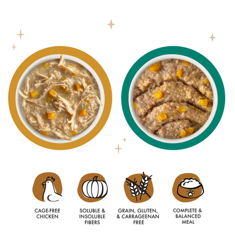 Two bowls of Weruva Golden Moments Variety Pack cat food are shown: one with shredded chicken and vegetables in gravy, the other a pâté. Icons highlight cage-free chicken breast, fiber content, grain/gluten-free, and balanced nutrition benefits.