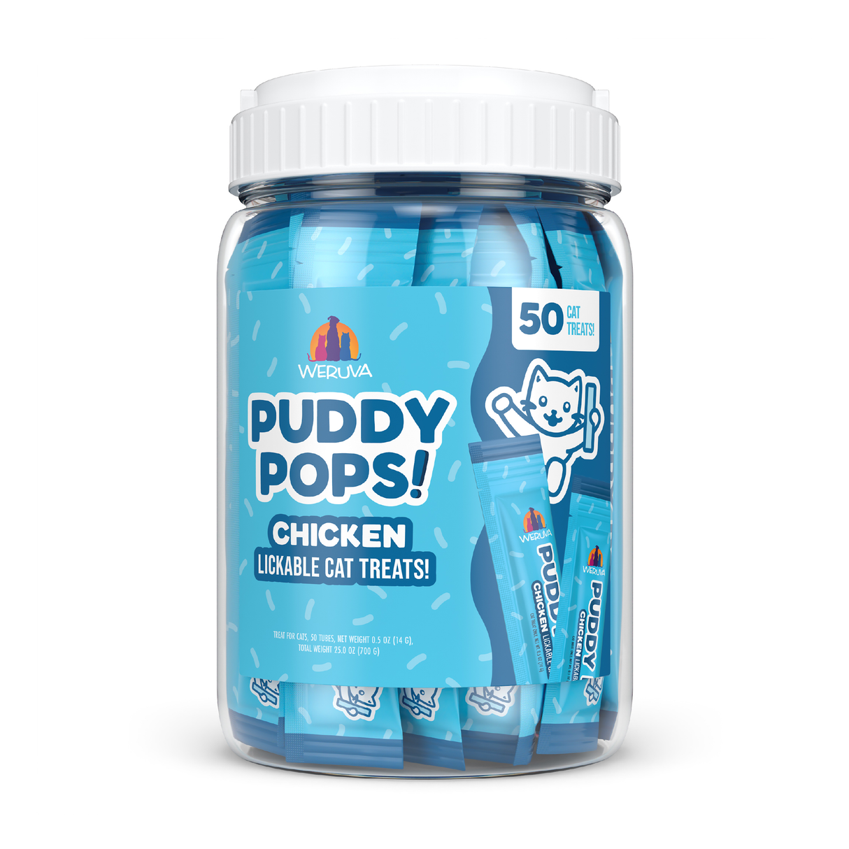 A clear plastic jar with a white lid holds 50 blue packets of Weruva Lickable Chicken Cat Treats—a hydratable, premium cat treat for your feline friend, featuring fun packaging with a cartoon cat.