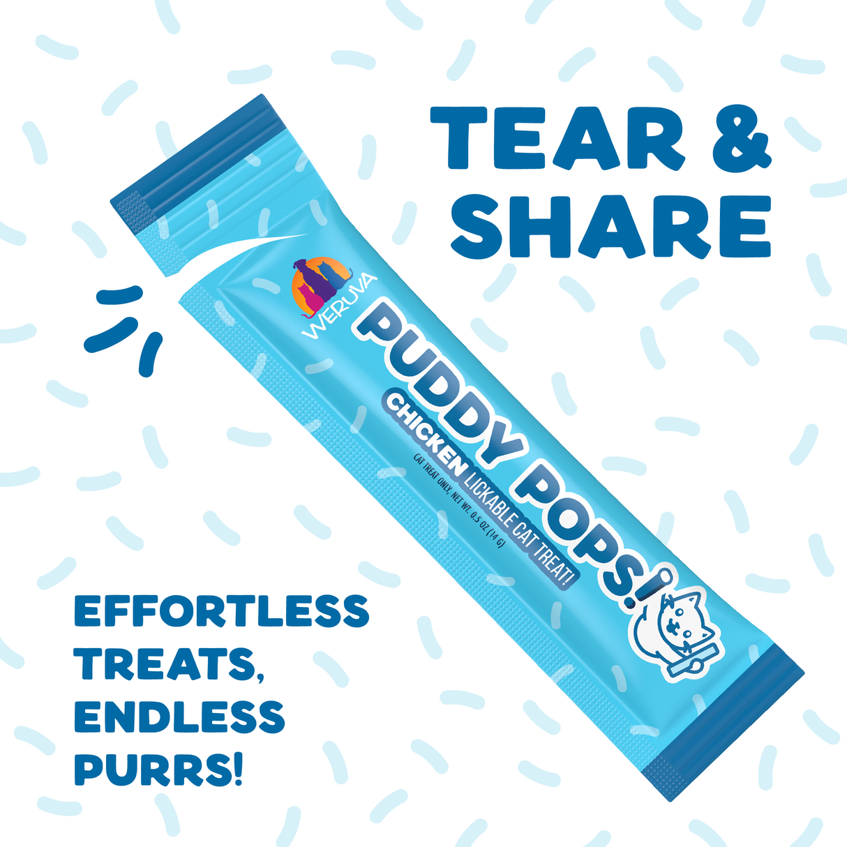 A blue Weruva Lickable Chicken Cat Treat pack with "Tear & Share" and "Effortless Treats, Endless Purrs!" text on a white background with blue sprinkles—a premium treat your cat will love.