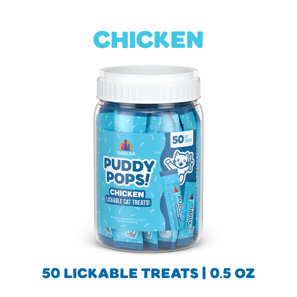 A clear plastic jar labeled Weruva Lickable Chicken Cat Treat holds 50 premium chicken treats in blue 0.5 oz packets. Above and below the jar, the text reads CHICKEN and 50 LICKABLE TREATS | 0.5 OZ.