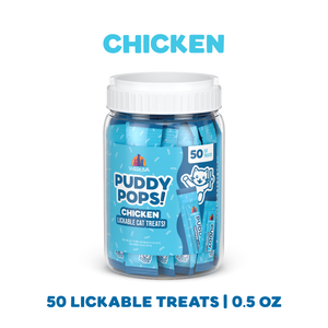 A clear plastic jar labeled Weruva Lickable Chicken Cat Treat holds 50 premium chicken treats in blue 0.5 oz packets. Above and below the jar, the text reads CHICKEN and 50 LICKABLE TREATS | 0.5 OZ.