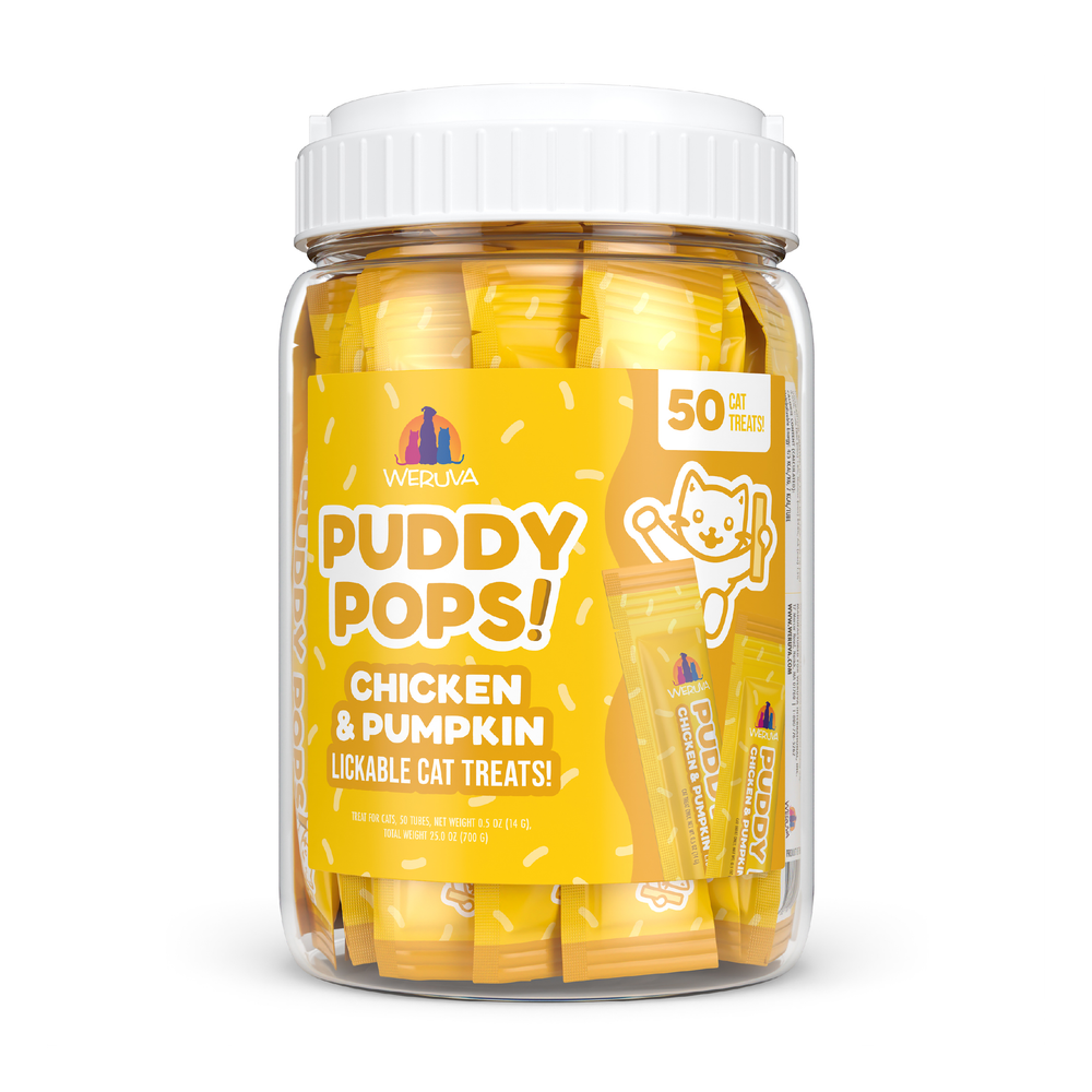 A clear plastic jar with a white lid holds Weruva Lickable Chicken & Pumpkin Cat Treats. The yellow label features a cartoon cat and states 50 hydrating treats inside, with individually wrapped packets visible in the jar.