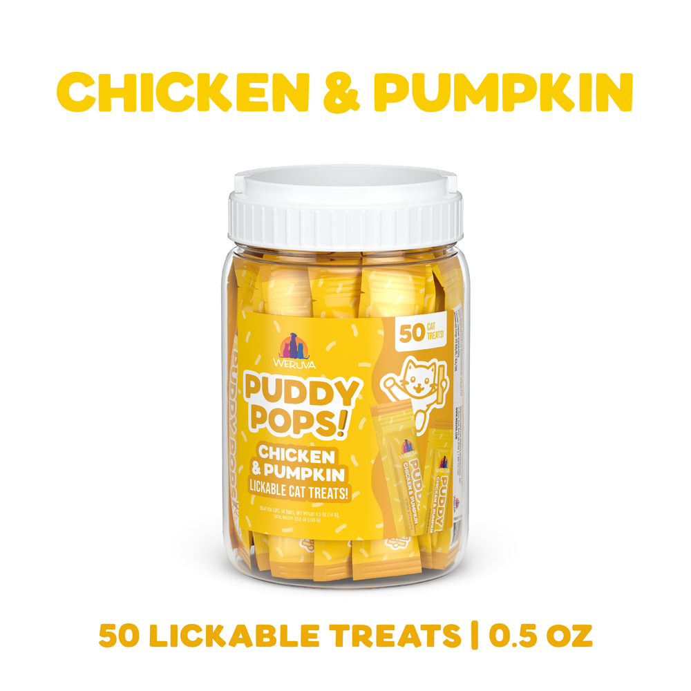 A clear jar labeled Weruva Lickable Chicken & Pumpkin Cat Treat contains 50 yellow stick packs. Bold yellow text above reads chicken and pumpkin cat treat; below, it says 50 Lickable Treats | 0.5 oz.
