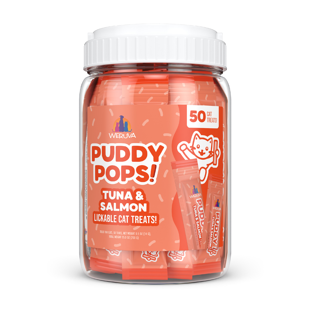 A clear plastic jar with a white lid holds orange packets labeled “Weruva Lickable Tuna & Salmon Cat Treat.” The label features a cartoon cat and notes there are 50 hydrating, lickable treats from Weruva.