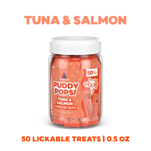 A jar of Weruva Lickable Tuna & Salmon Cat Treats with 50 individually wrapped hydrating treats. The mostly orange jar displays a cat illustration and product details on the label.