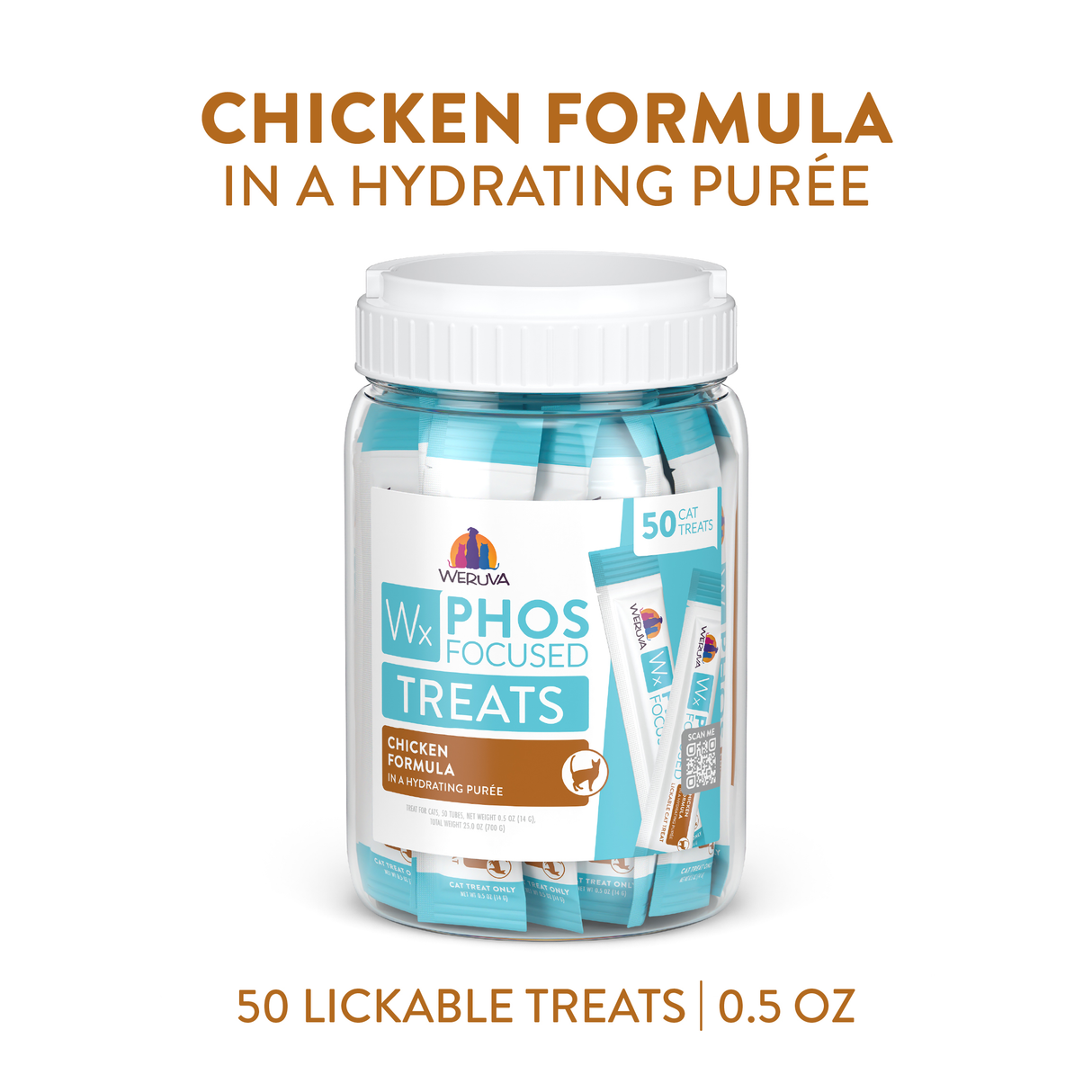 A clear jar labeled Weruva Wx Lickable Chicken Cat Treat contains 50 individual hydrating purée treats for cats. Text above reads CHICKEN FORMULA IN A HYDRATING PURÉE—a lower phosphorus, high-protein cat treat.