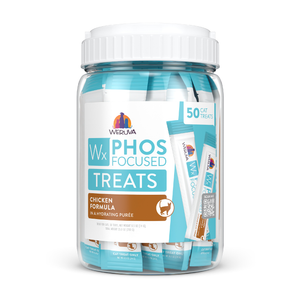A clear plastic jar of Weruva Wx Lickable Chicken Cat Treats, a lower phosphorus cat treat with high-quality proteins. The blue and white label reads “50 Cat Treats” and stick packs are marked “Wx Phos Focused.”.