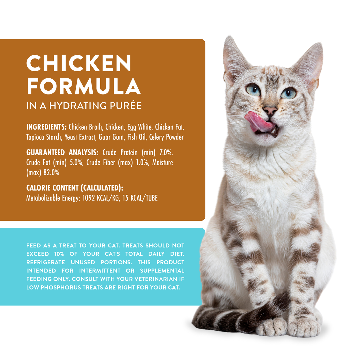 A light gray, blue-eyed tabby cat licks its lips next to packaging for Weruva Wx Lickable Chicken Cat Treat, showing text with ingredients, guaranteed analysis, calories, and feeding instructions.