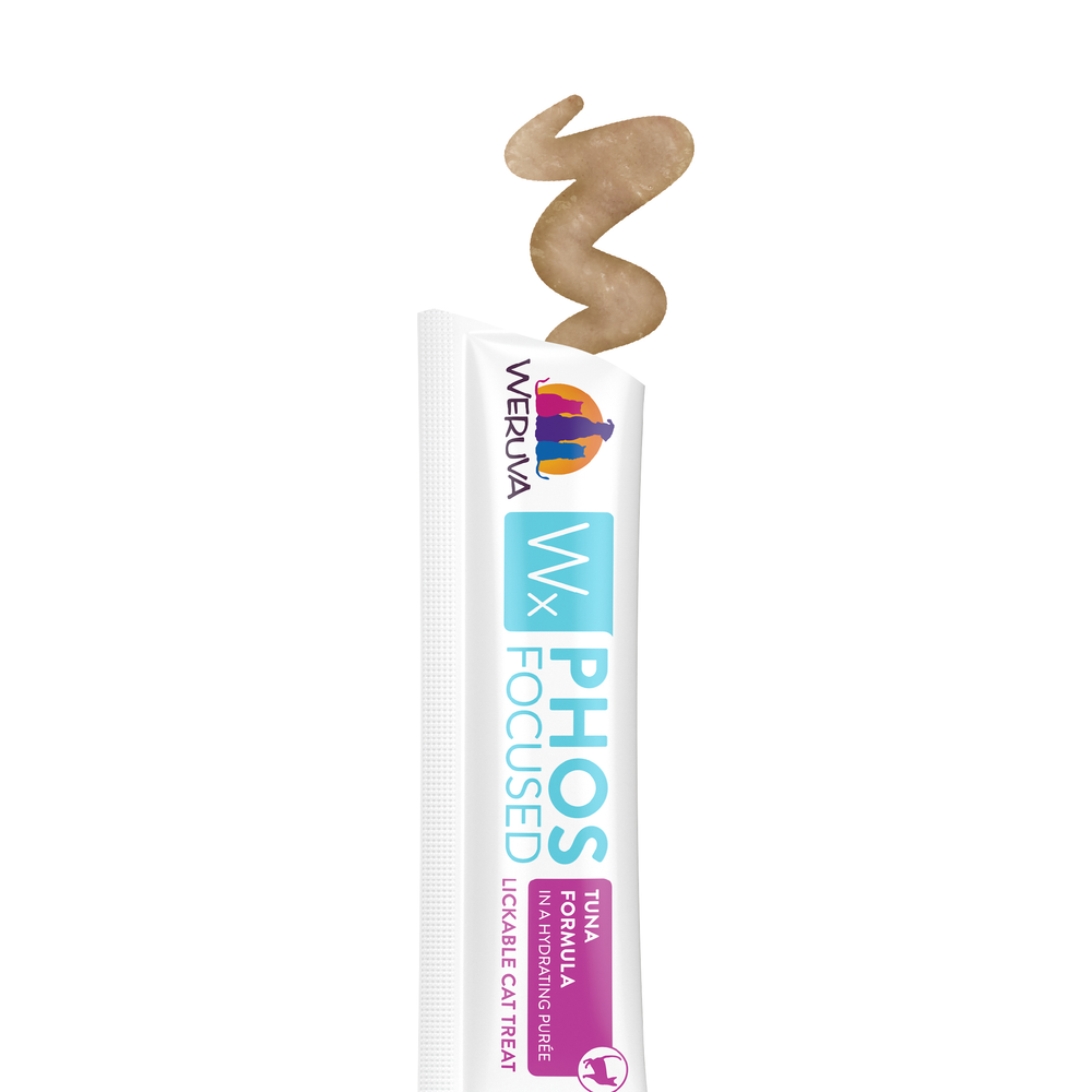 A tube labeled Weruva Wx Lickable Tuna Formula Cat Treat dispenses a swirl of brown, creamy, lower-phosphorus paste made with high-quality proteins from the top.