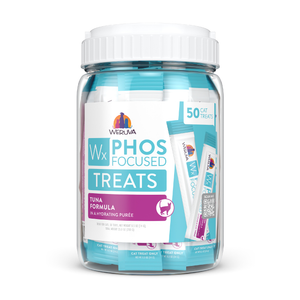 A clear plastic jar holds 50 sticks of Weruva Wx Lickable Tuna Formula Cat Treat, a low phosphorus, high-protein treat in blue and white packaging with purple and teal label details.